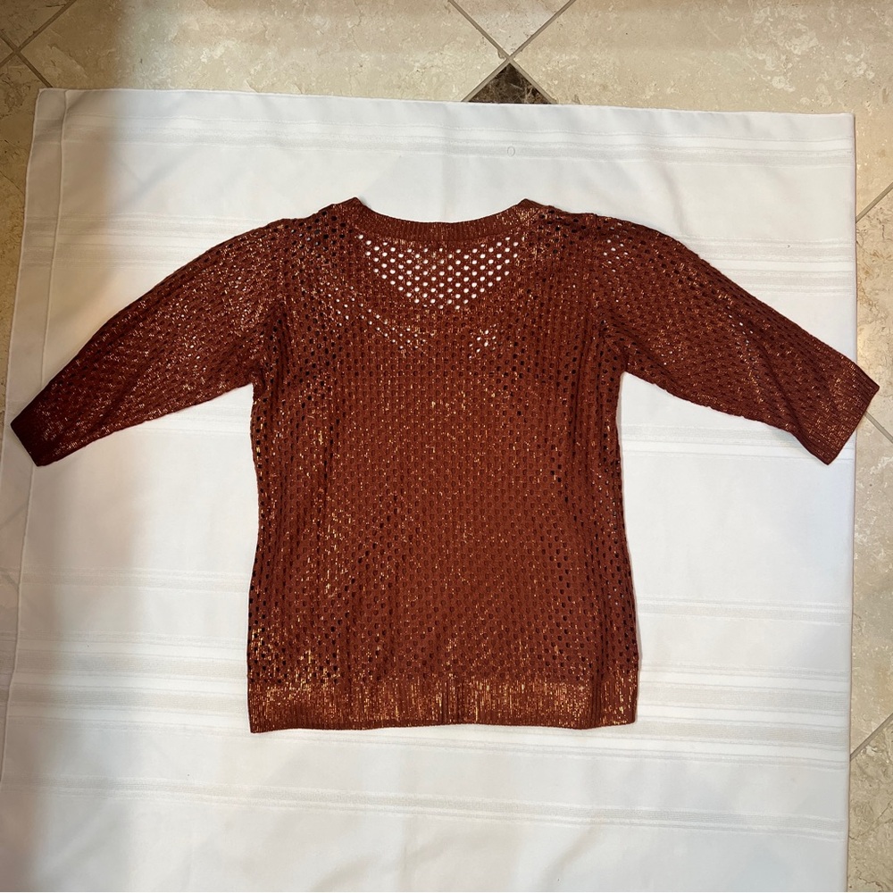 Reba Sweater Copper Gold Metallic Open Weave Crocheted Sz L‎ Matching Cami EUC - Picture 5 of 14